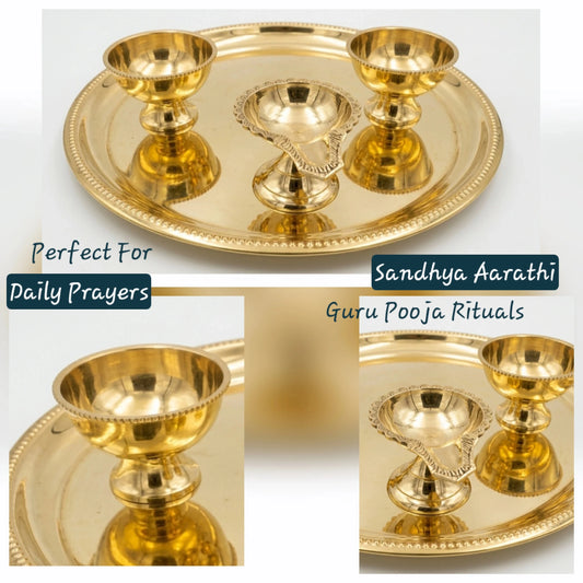 Brass Deeparathanai Set Top View Pure Brass Aarthi Thali with Beaded Border — Sri Swaminathan & Co