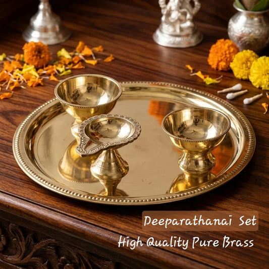 Brass Deeparathanai Set Full View with Agal Vilakku and Deepam Cups on Pooja Thali — Sri Swaminathan & Co