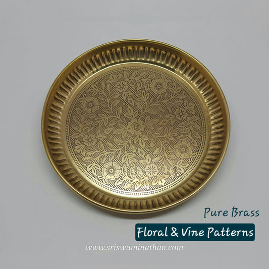 Brass Floral Vine Engraved Pooja Plate Front View Serrated Border — Sri Swaminathan & Co