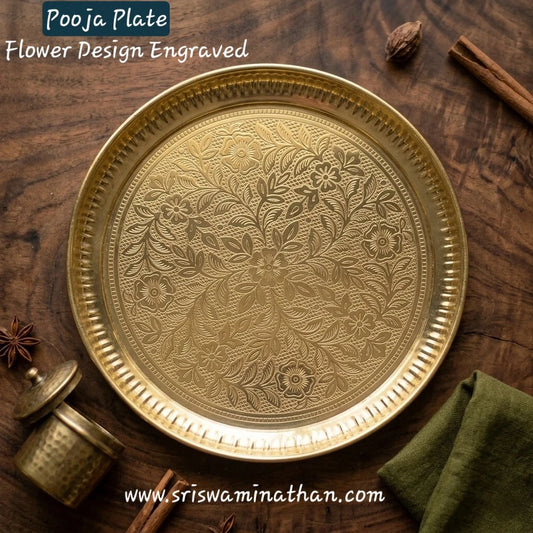 Brass Floral Vine Engraved Pooja Plate Top View Pure Brass — Sri Swaminathan & Co