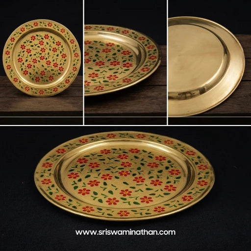Brass Flower Enamel Plate Floral Detail View — Sri Swaminathan & Co