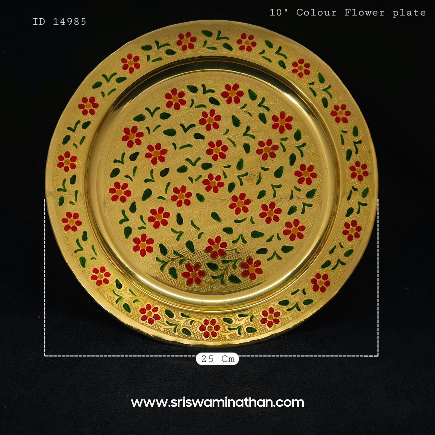 Brass Flower Design Enamel Pooja Plate 10 Inch Front View — Sri Swaminathan & Co