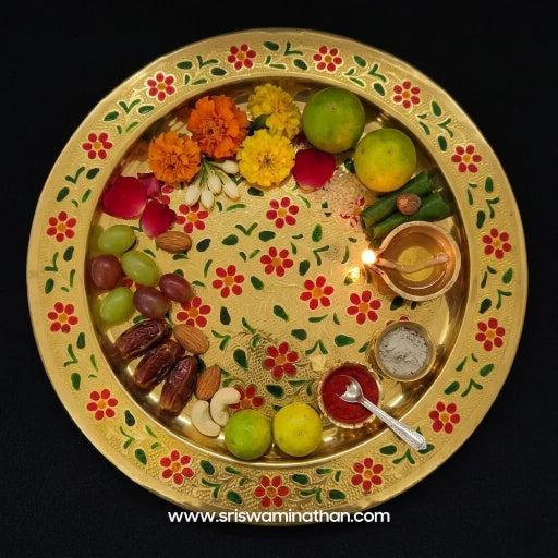 Brass Flower Design Enamel Pooja Plate Top View — Sri Swaminathan & Co