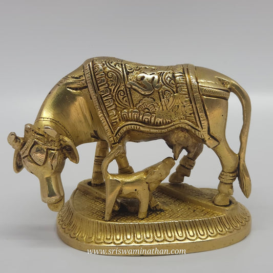 Brass Kamadhenu Cow and Calf Idol Antique Finish – Front View