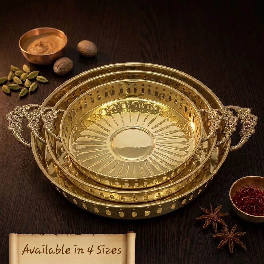 Brass Kumcha Sun Design Pooja Tray with Handles Front View — Sri Swaminathan & Co