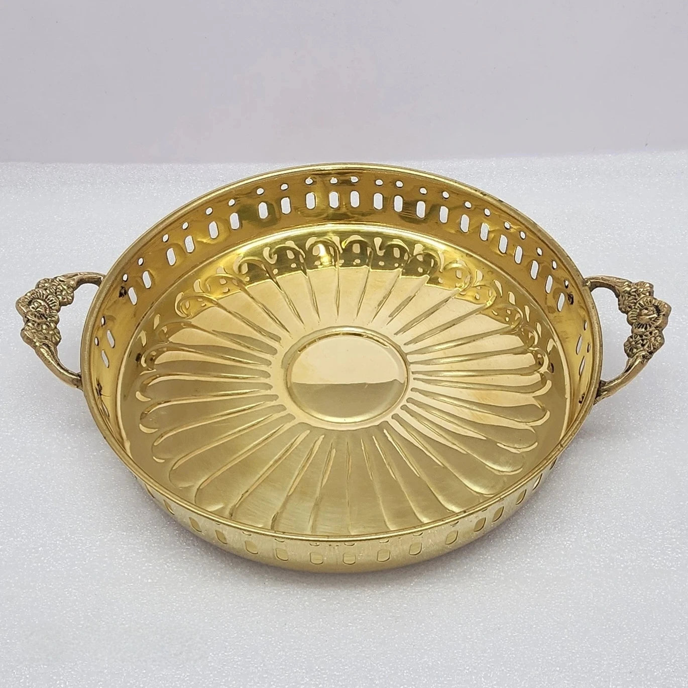 Brass Kumcha Sun Design Pooja Tray with Floral Handles — Sri Swaminathan & Co