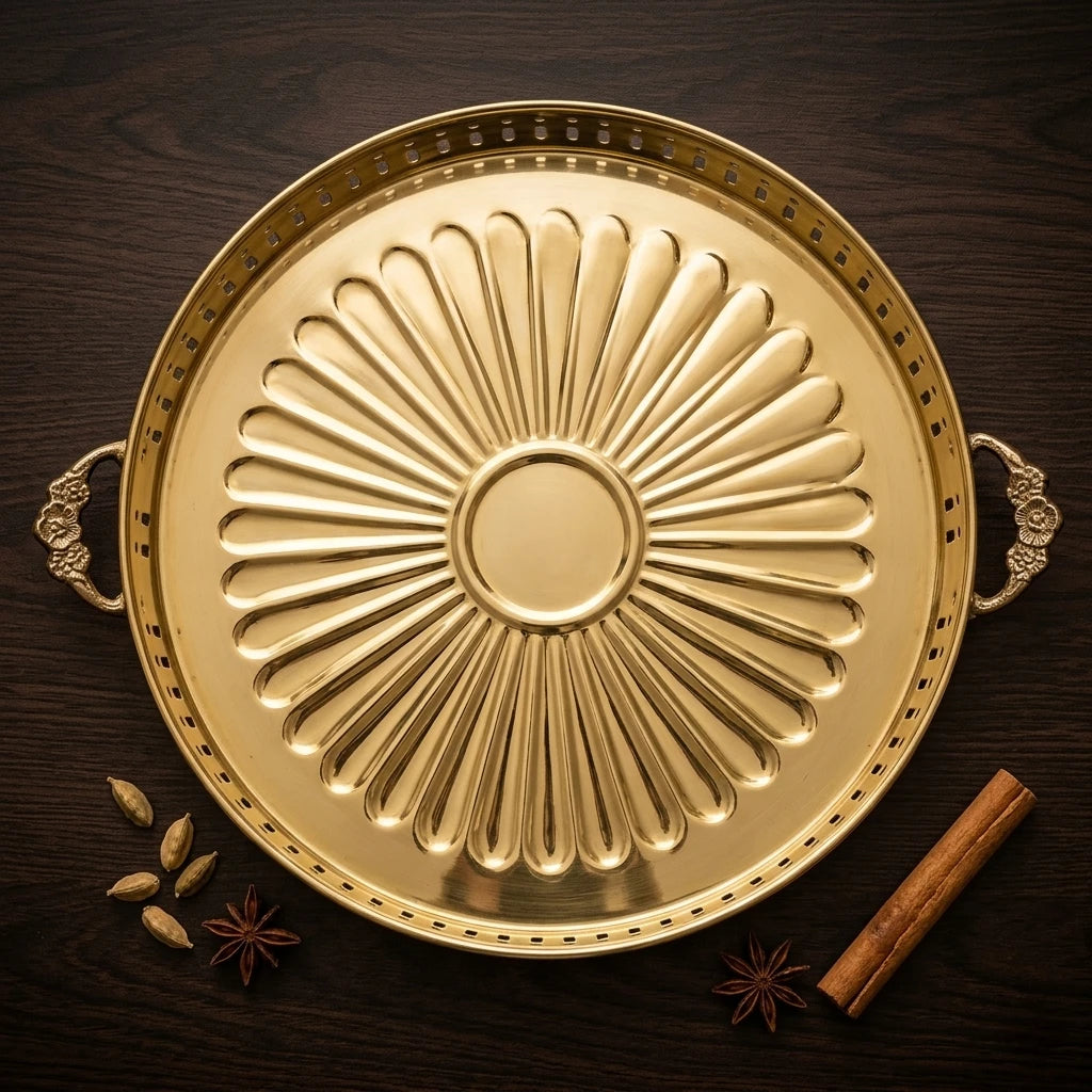 Brass Kumcha Sun Design Pooja Tray Lattice Border Detail — Sri Swaminathan & Co