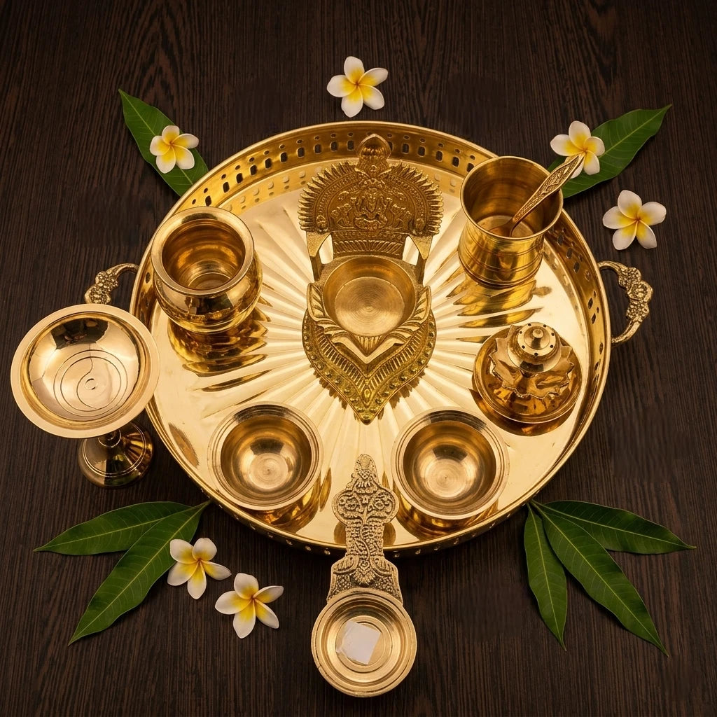 Brass Kumcha Sun Design Pooja Tray Top View — Sri Swaminathan & Co