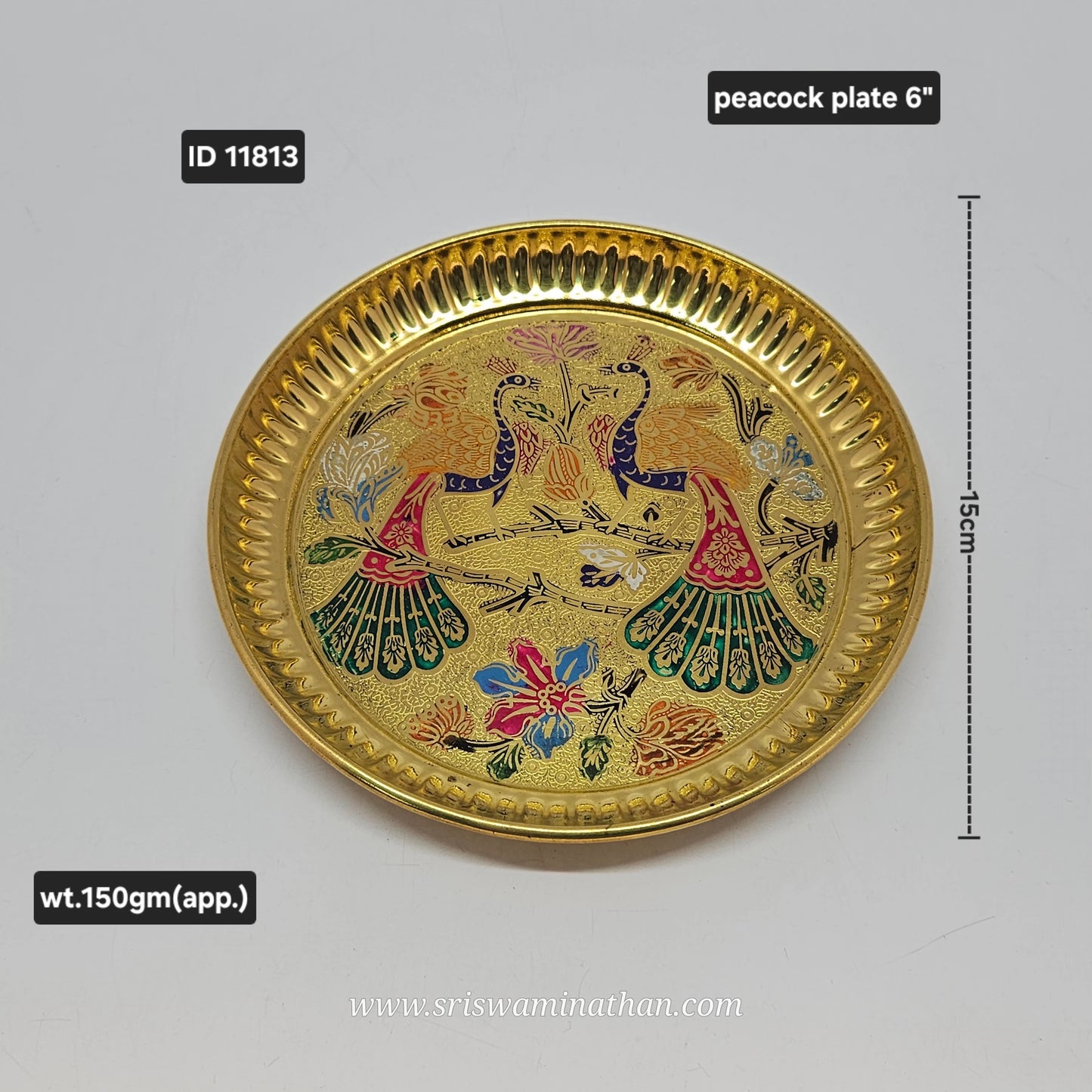 Brass Minakari Peacock Pooja Plate 6 Inch — Sri Swaminathan & Co
