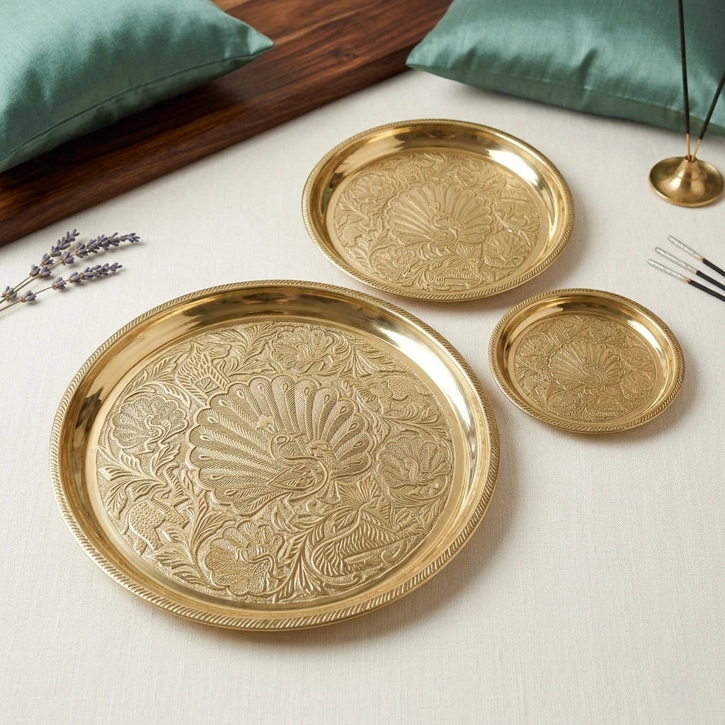 Brass Peacock Design Plate All Sizes Set — Sri Swaminathan & Co