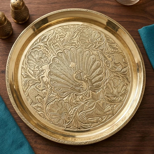 Brass Peacock Design Plate Front View — Sri Swaminathan & Co