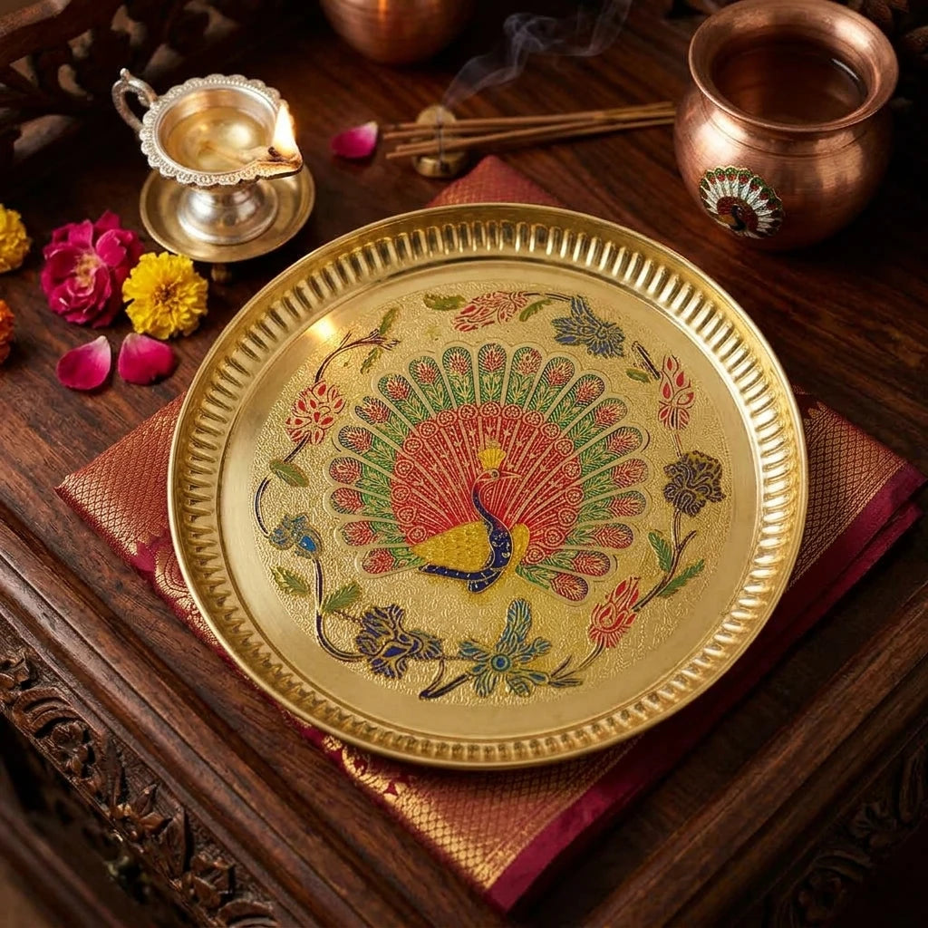 Brass Peacock Minakari Plate Detail View — Sri Swaminathan & Co