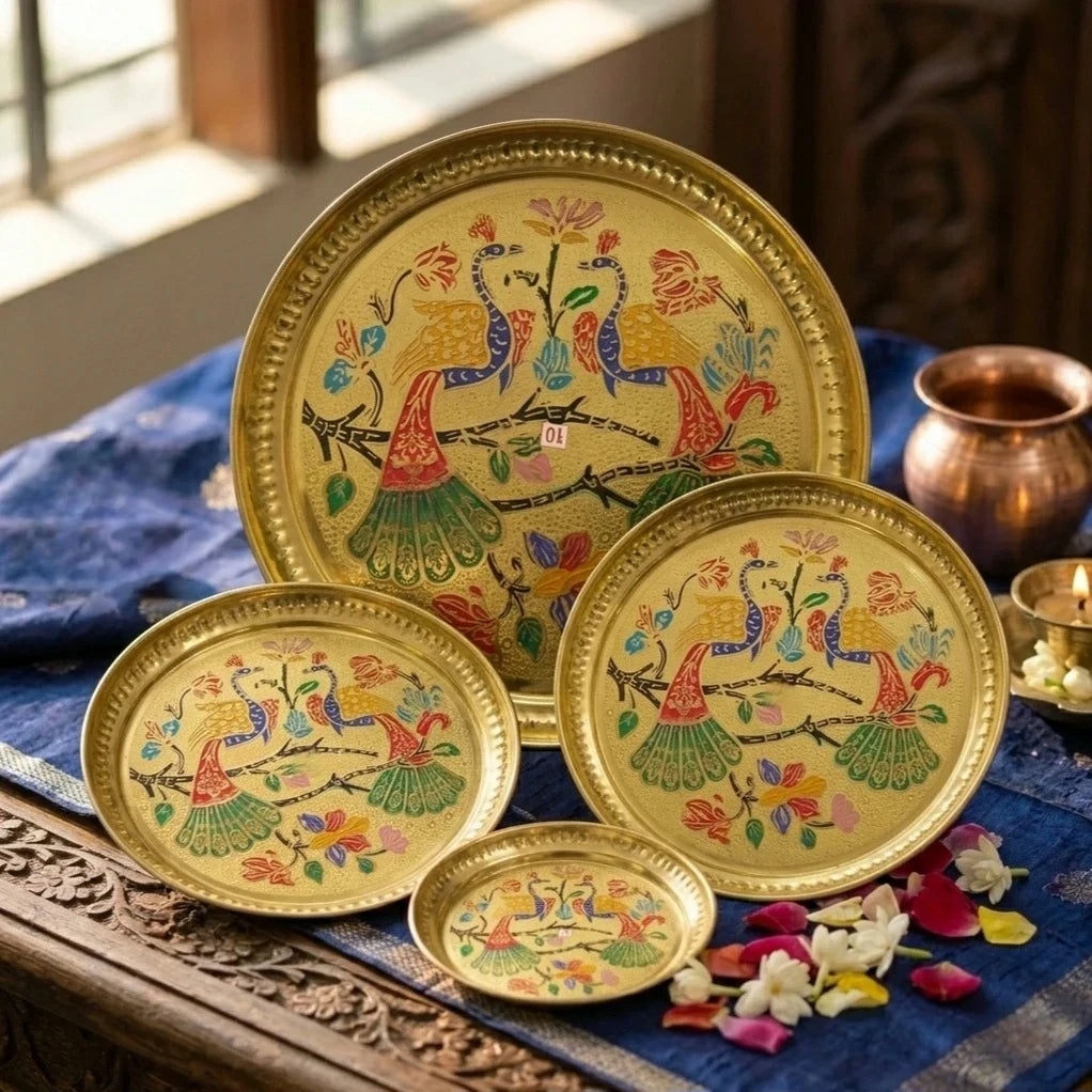 Brass Peacock Minakari Pooja Plate in Pooja Setting — Sri Swaminathan & Co