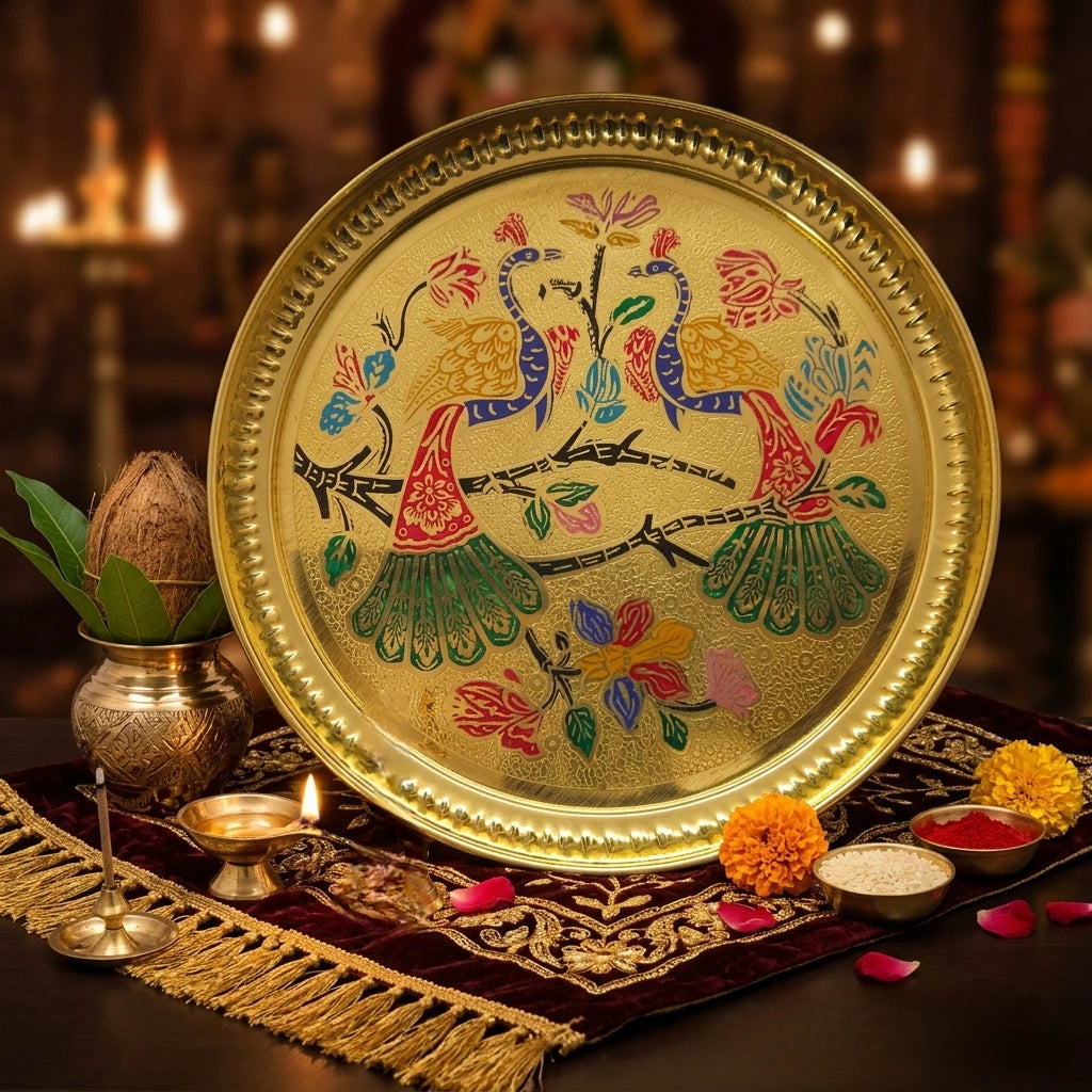 Brass Peacock Minakari Pooja Plate Exact View — Sri Swaminathan & Co