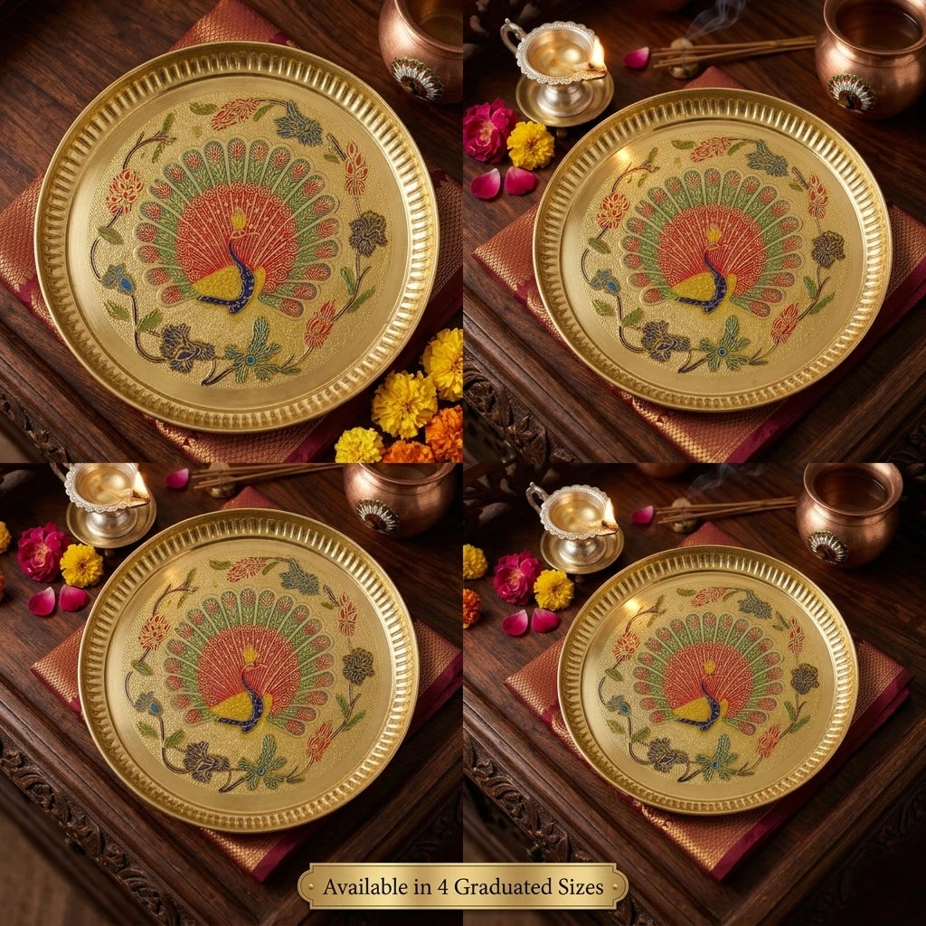 Brass Peacock Minakari Pooja Plate Top View — Sri Swaminathan & Co