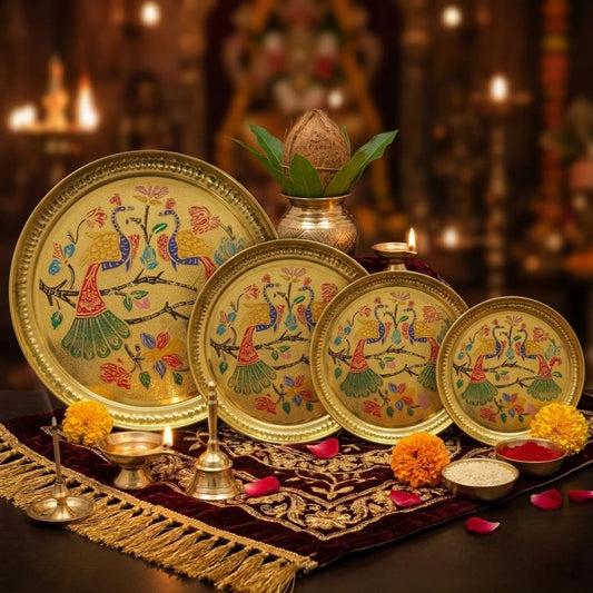 Brass Peacock Minakari Pooja Plate Front View — Sri Swaminathan & Co