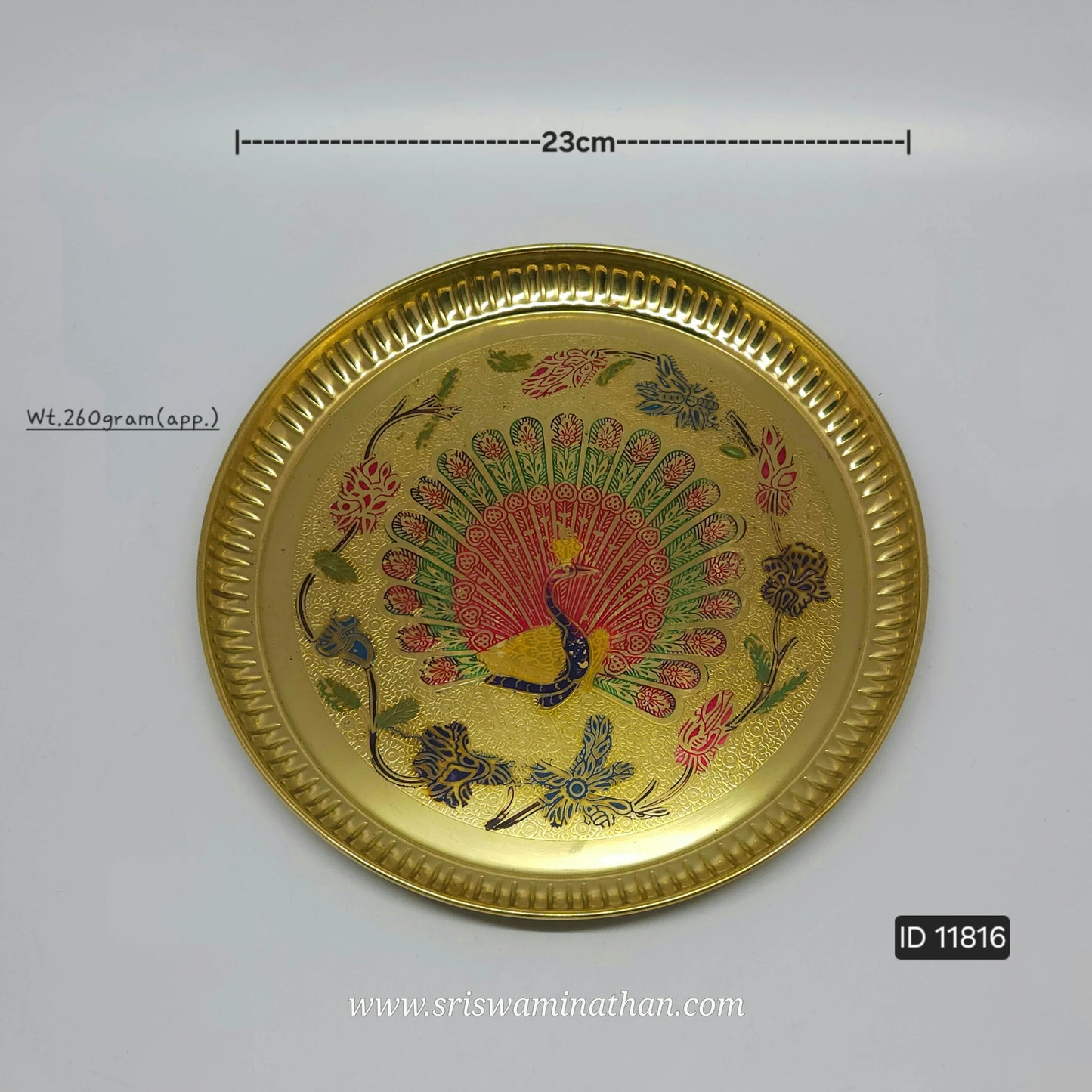 Brass Peacock Colour Design Pooja Plate 9 Inch — Sri Swaminathan & Co