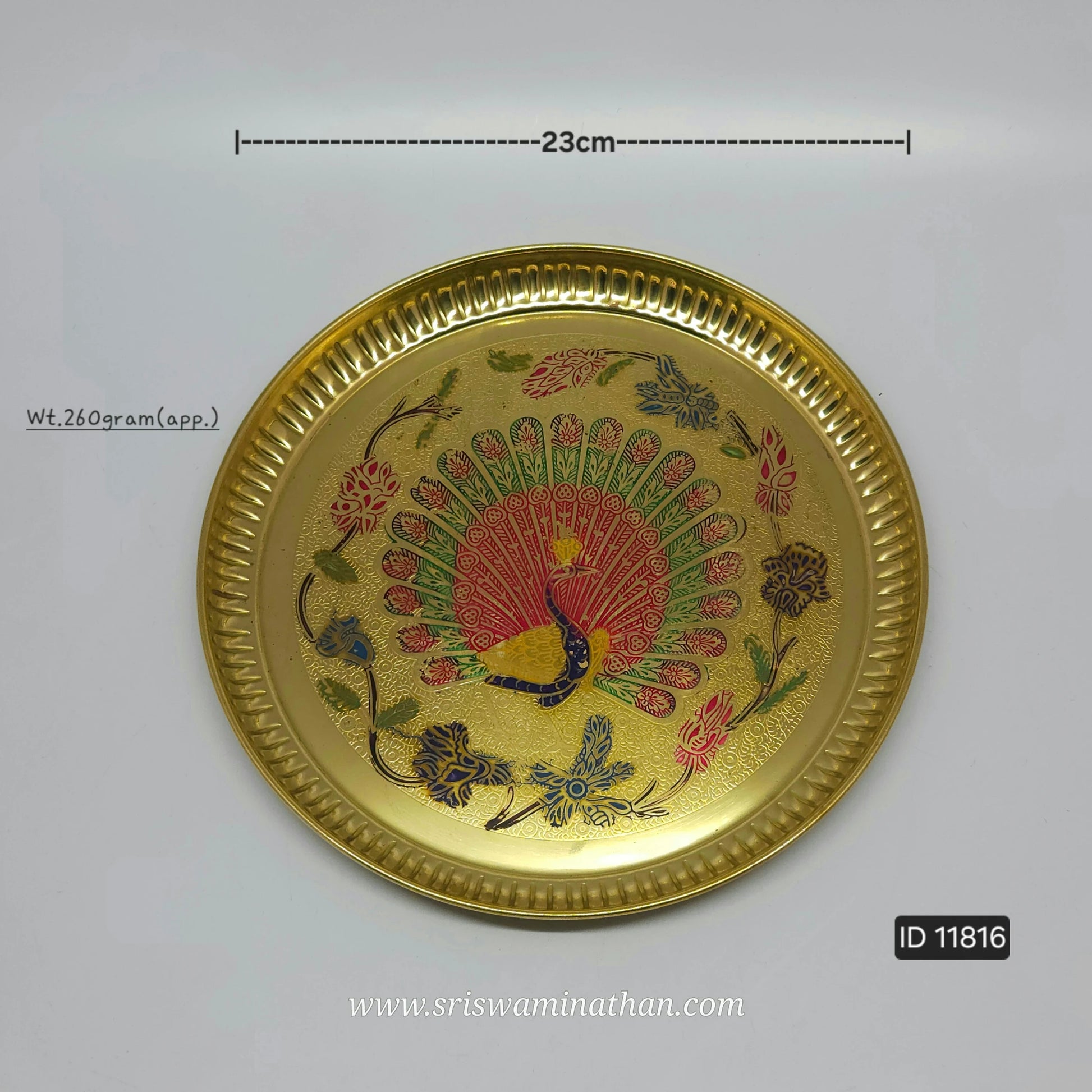 Brass Peacock Colour Design Pooja Plate 9 Inch — Sri Swaminathan & Co