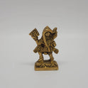 Direct back profile view of the solid cast brass Sanjeevi Hanuman idol demonstrating the density of the metal casting, back sash details, and pedestal base alignment.
