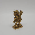 Three-quarter front right perspective view of the solid brass Hanuman statue focusing on the physical relief of the Sanjeevi mountain held aloft and the Gada details