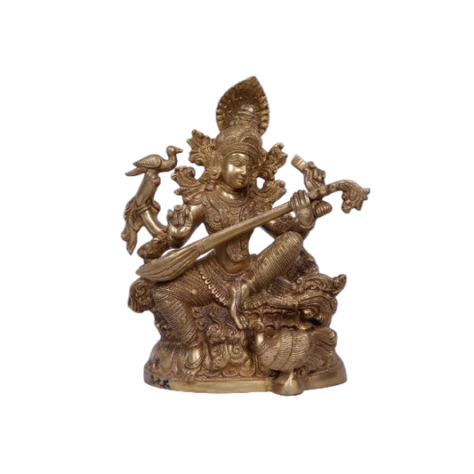 Brass Saraswati statue seated and playing the veena, representing the Hindu goddess of knowledge, music, and arts.