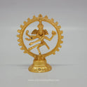 Direct front view of a pure brass Shiva Nataraja statue featuring a glossy gold layered coating, dancing inside a fiery circular halo