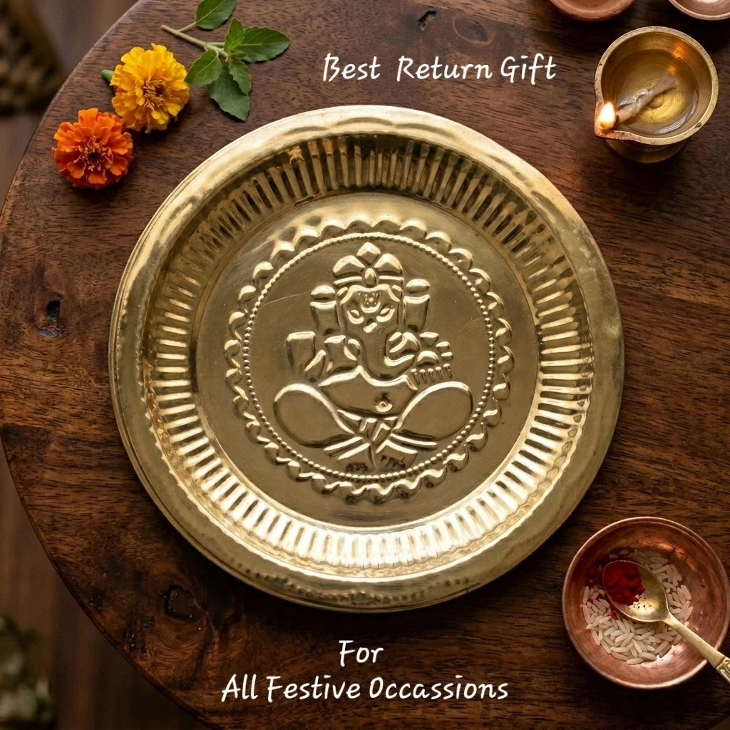 Brass Vinayagar Embossed Pooja Plate Front View — Sri Swaminathan & Co