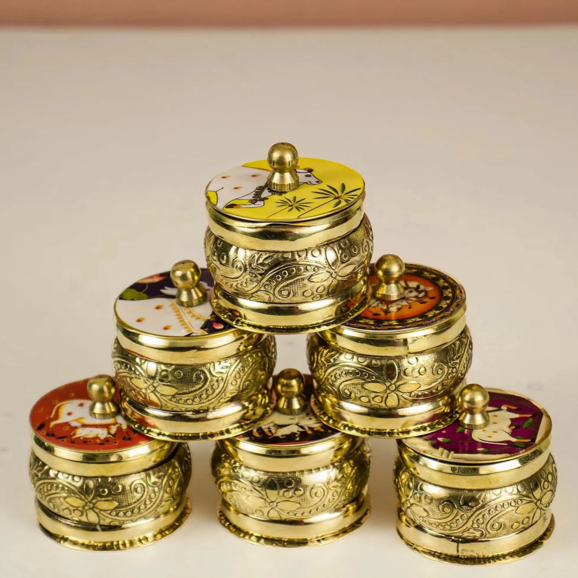 Pichwa Art Brass Kumkum Box 1.5 Inch Side View — Sri Swaminathan & Co