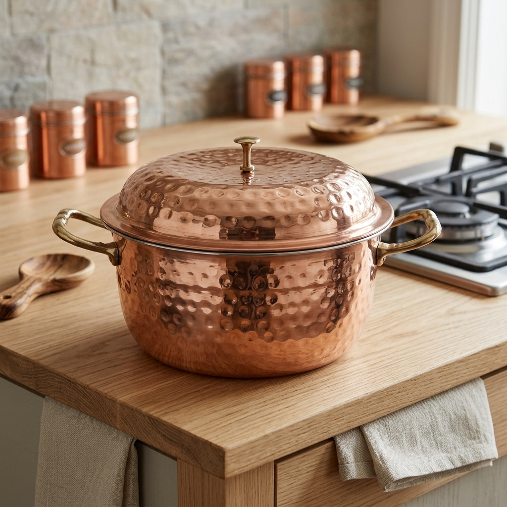 Copper Hot Box SS Insulated Tiffin Carrier Dot Hammered Design Front View — Sri Swaminathan & Co