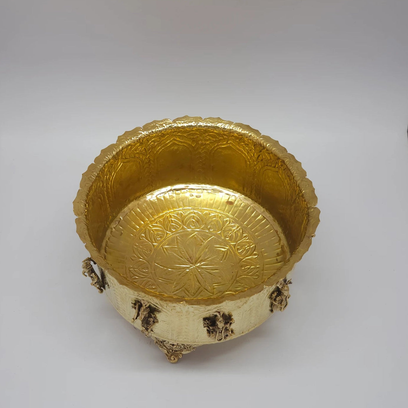 Dasavatar Abhishek Patra Brass Deep Wall Vishnu Avatar Panels Front Angle Rose Petal Legs Vastu Urli Dasavatara Uruli