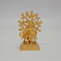 Front view of the 9.5cm premium gold powder-coated solid brass Krishna with cow under a Kadamba tree statue for Janmashtami gifting