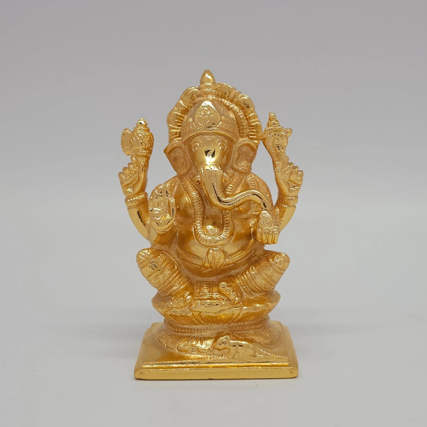Edampuri Vinayagar Gold Idol Front View Lalitasana Prabhavali Arch Solid Brass 5 Inch