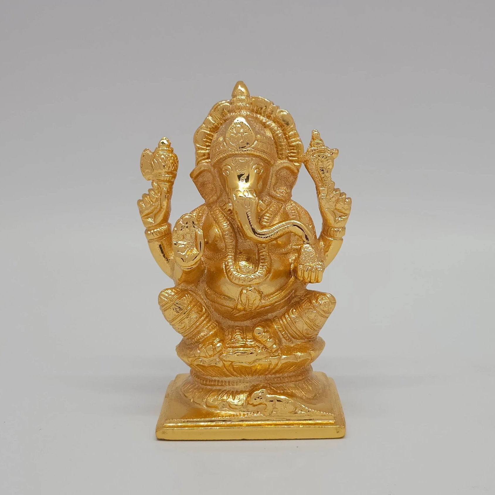 Edampuri Vinayagar Gold Idol Front View Lalitasana Prabhavali Arch Solid Brass 5 Inch