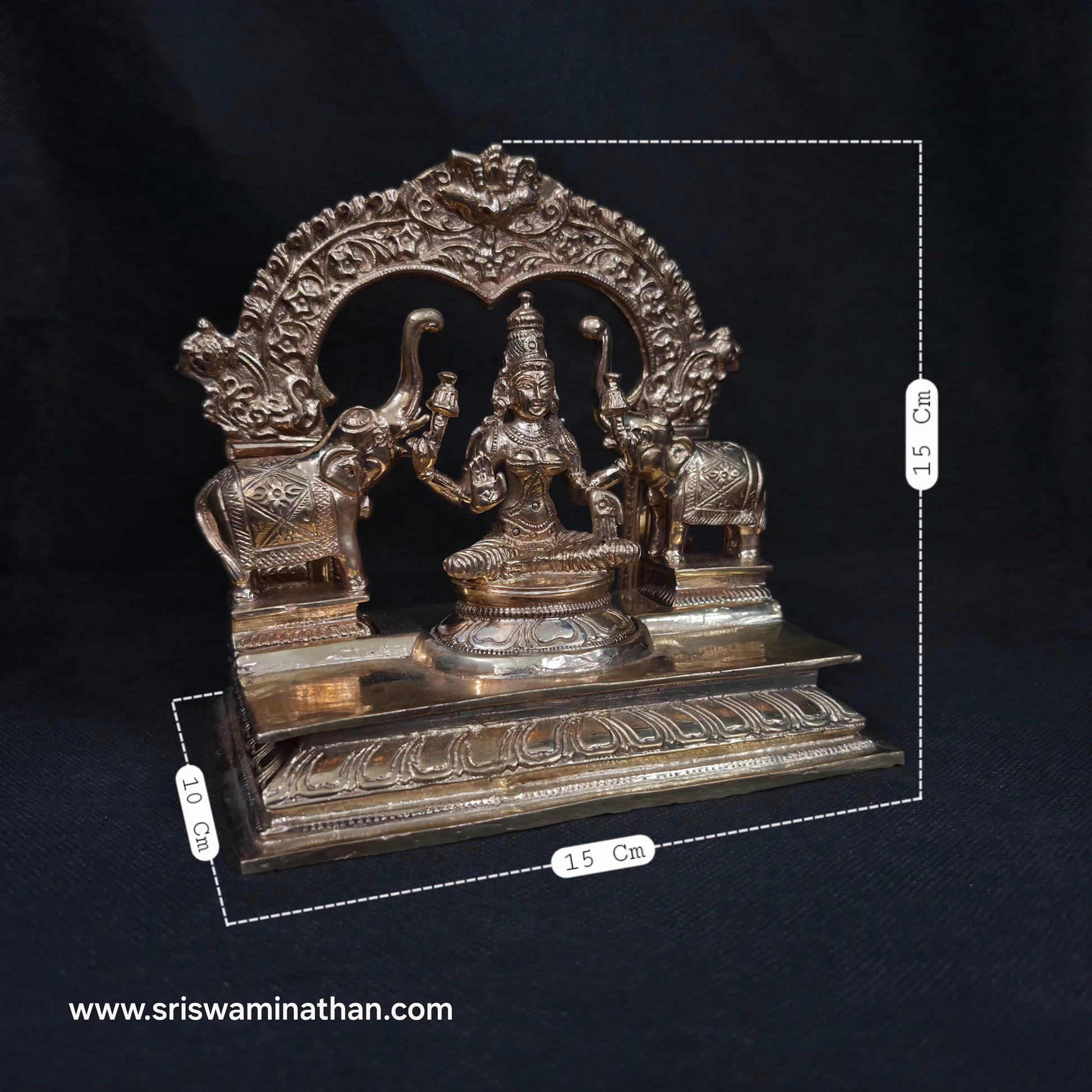 Gajalakshmi Panchaloha Statue 6 Inch with dimensions 15cm H x 15cm W x 10cm D — two elephants Gaja Abhisheka, Kumbakonam handcrafted