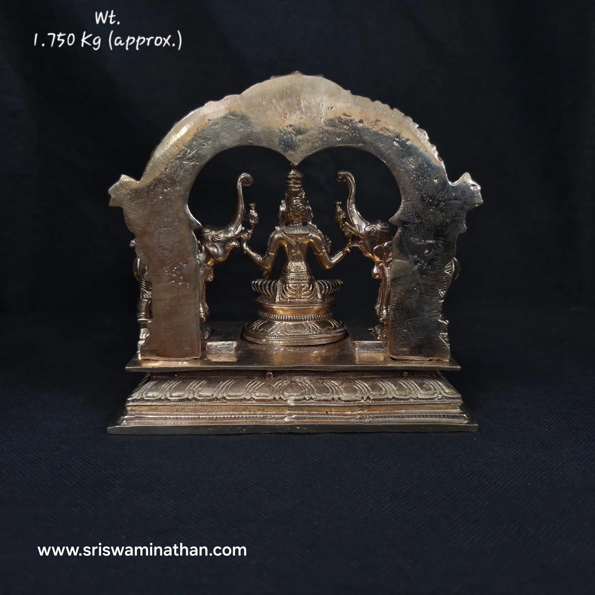 Rear view of Gajalakshmi Panchaloha Statue 6 Inch showing Makara Torana arch reverse — 1.75kg Panchaloha, Sri Swaminathan & Co Kumbakonam
