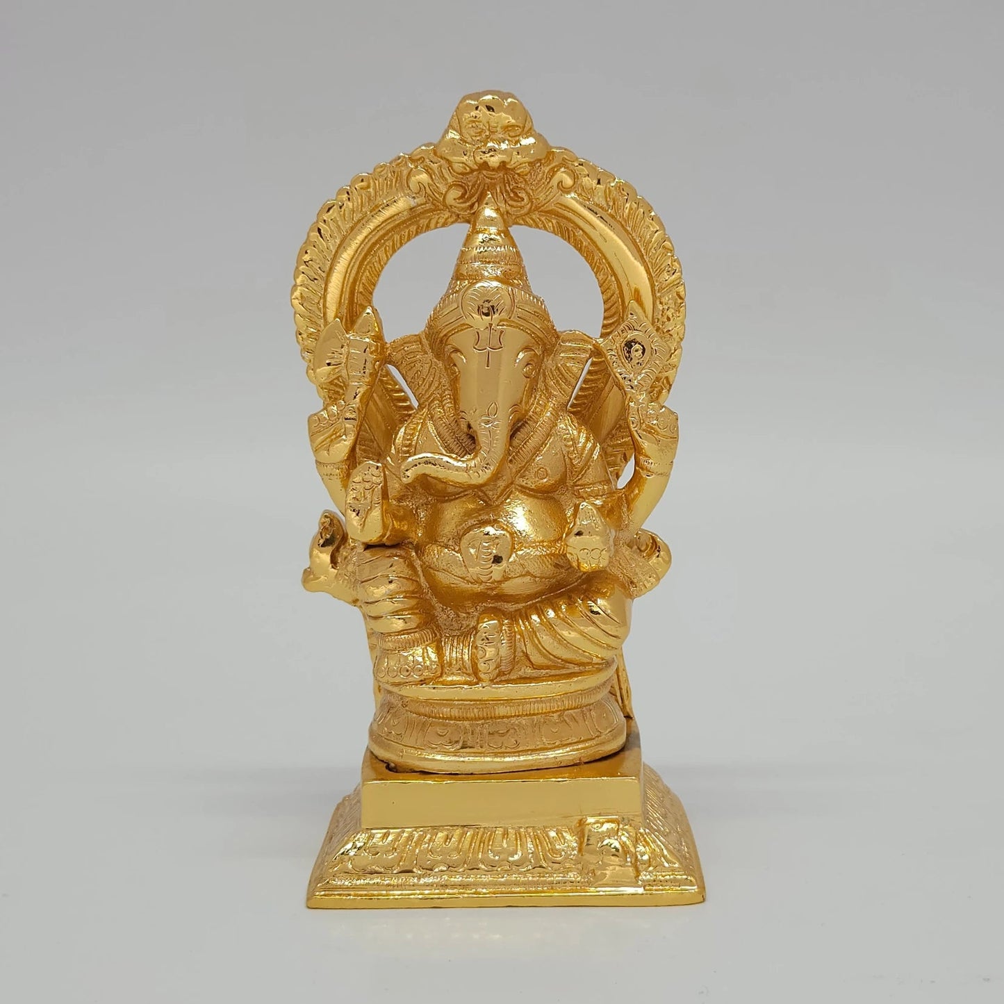 Ganesh Vinayagar Gold Idol Front View Prabhavali Arch Royal Crown Solid Brass 5Inch