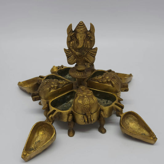 Ganesha Brass Diya Stand 9 Wick Puja Box Open View