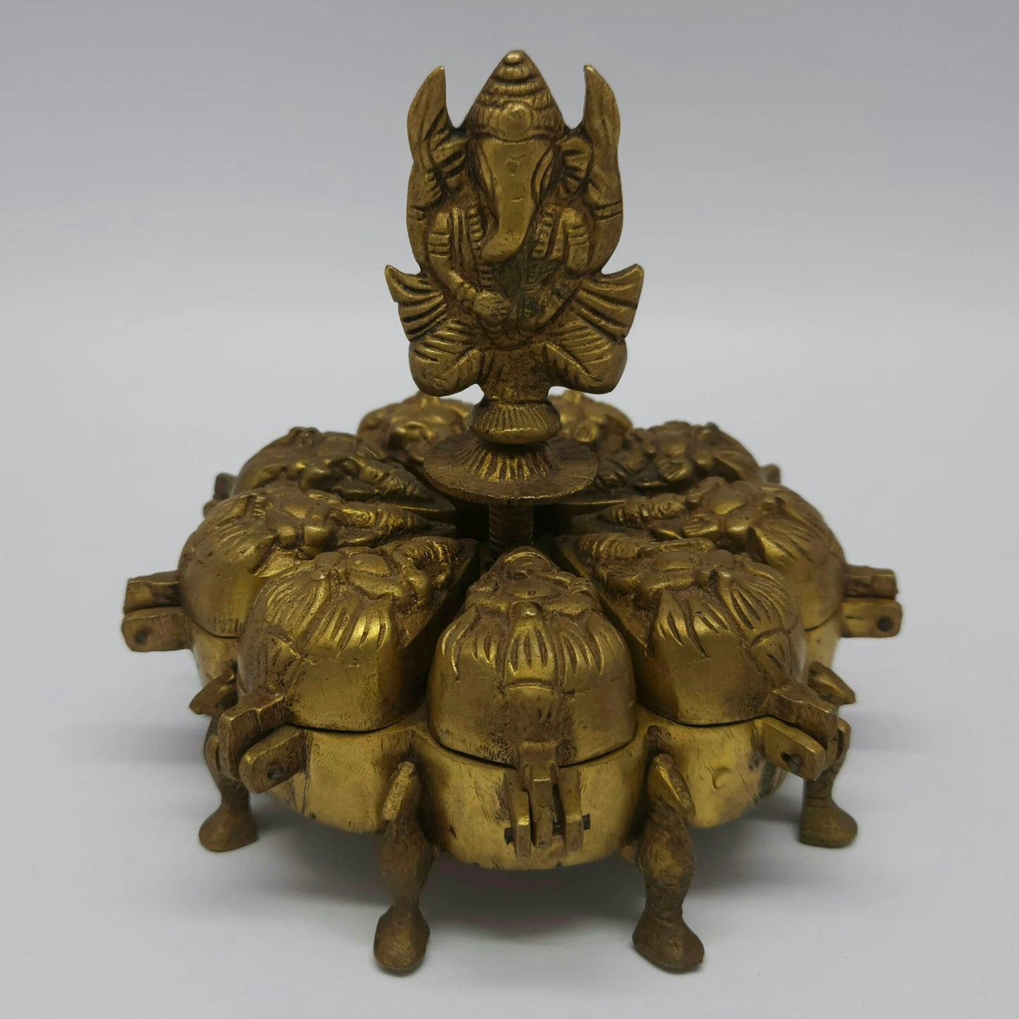 Ganesha Brass Puja Box 9 Petal Kumkum Front View