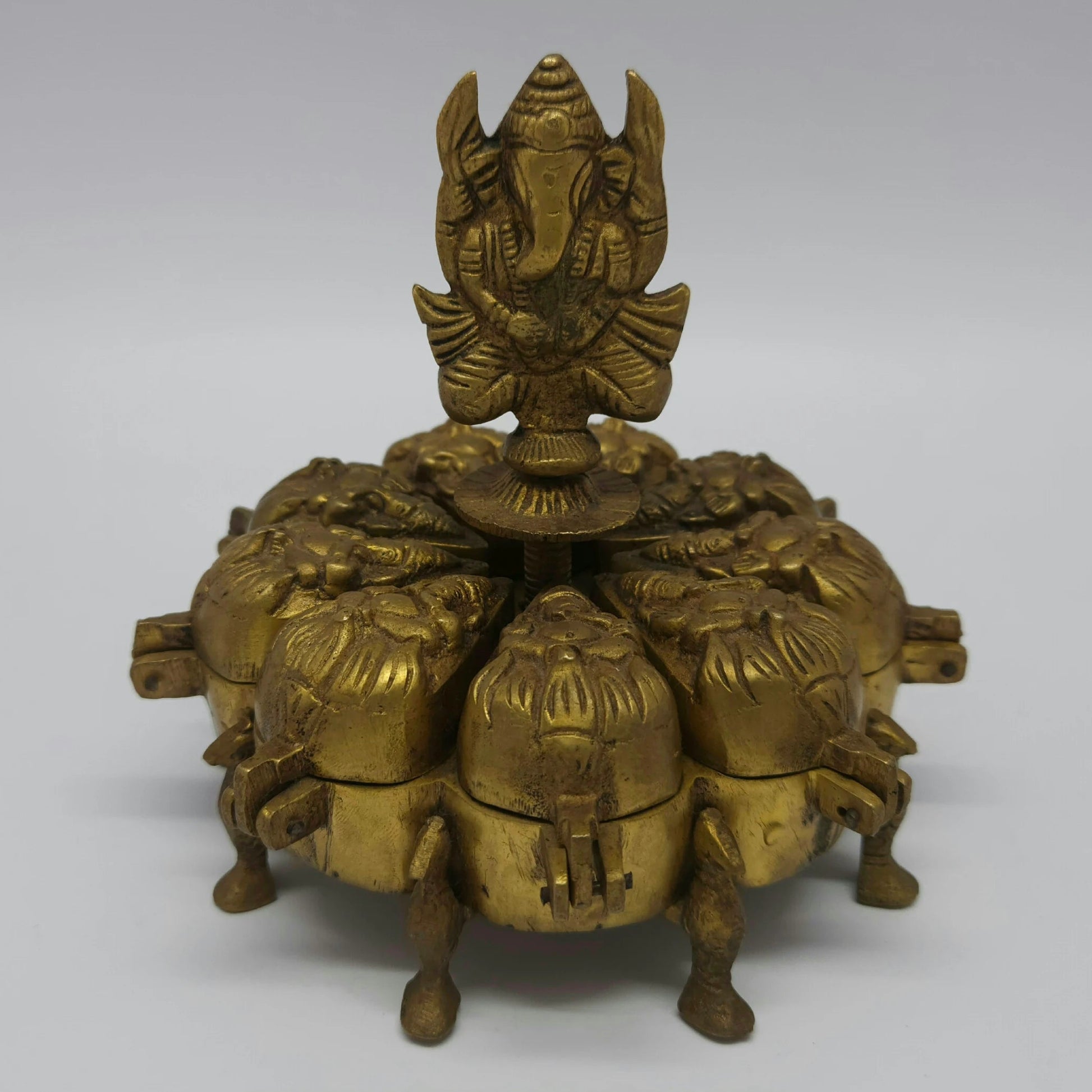 Ganesha Brass Puja Box 9 Petal Kumkum Front View