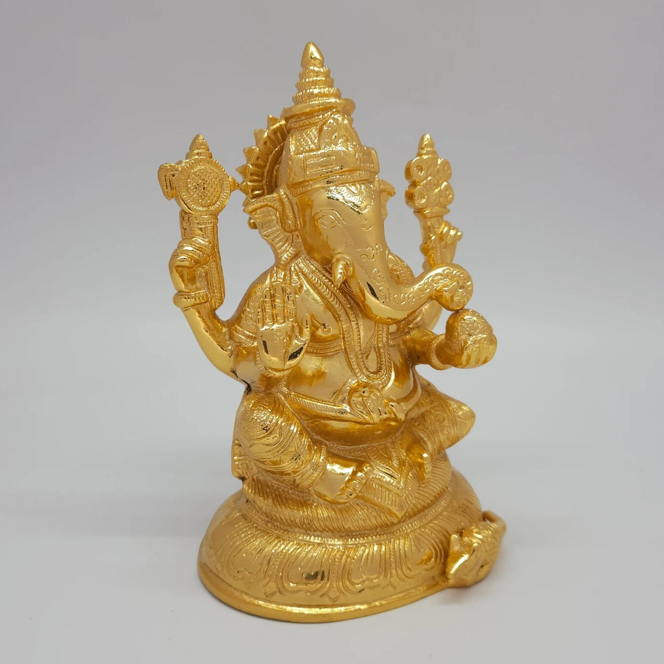 Ganpati Gold Murti Right Angle Ankusha Kireetam Crown Ornate Dhoti Lotus Base