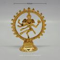 Direct front view of the gold coated brass Shiva Nataraja statue showcasing the horizontal width length measurement indicator line of 10.5 cm.