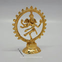 Three-quarter angled perspective view of the glossy gold layered brass Nataraja idol showing the base layout depth measurement line of 4.5 cm