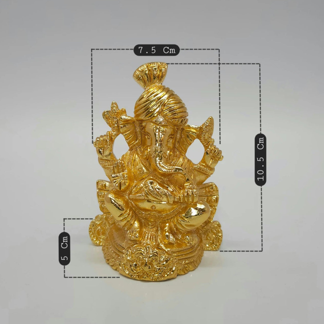 Golden Ganesha Pagdi Idol Dimensions 7.5cm Width 10.5cm Height 5cm Depth