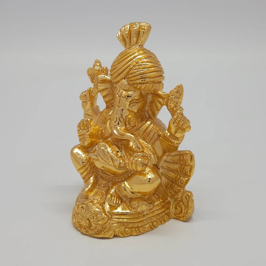 Golden Ganesha Turban Idol Right Angle Modak Lotus Base Gold Finish