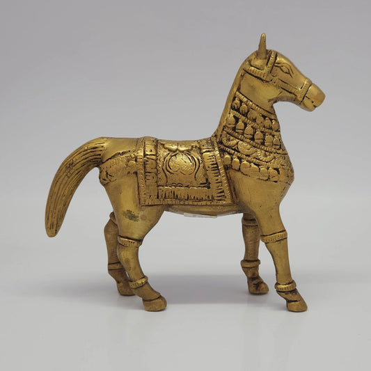 Left-facing 45-degree angle front view of the 16cm premium antique solid brass Ayyanar guardian horse sculpture with ornate neck bells