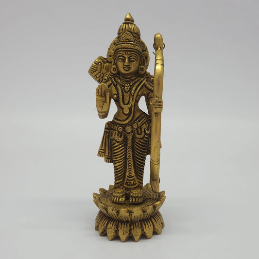 Front view of the 14.5cm antique solid brass Kodanda Rama statue holding his bow with right hand in Abhaya blessing mudra for home temple puja.