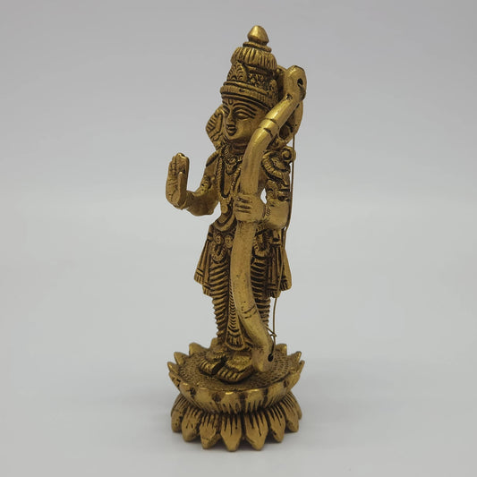 Left 45-degree angle profile emphasizing the length of the Kodanda bow, Rama's torso armor detailing, and the round lotus base contours.