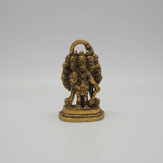 Front view of the 7cm antique solid brass Panchamukhi Hanuman statue with detailed cut hand-carving and archway for daily puja rituals