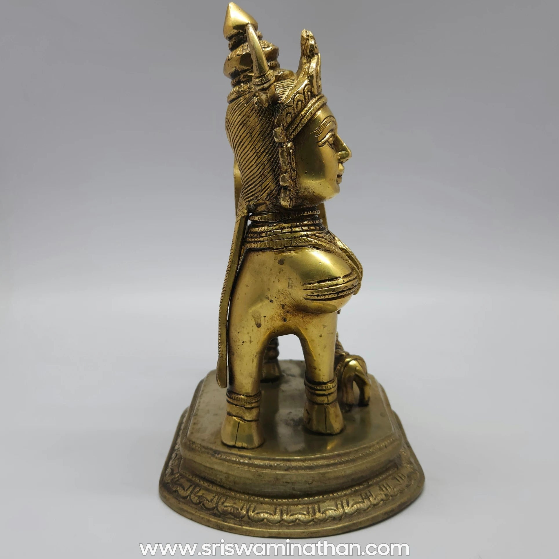 Kamadhenu Brass Statue Side View Head and Crown with horn Scroll Detail