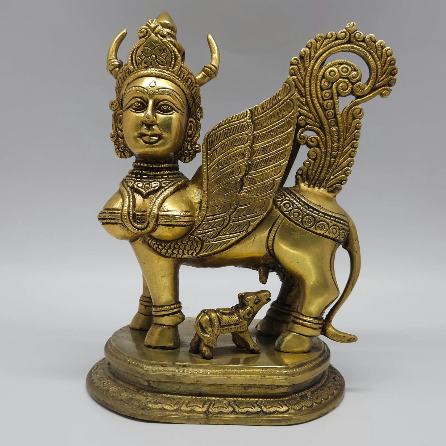Kamadhenu Sacred Cow Brass Statue Front View Wish Fulfilling Vastu Prosperity